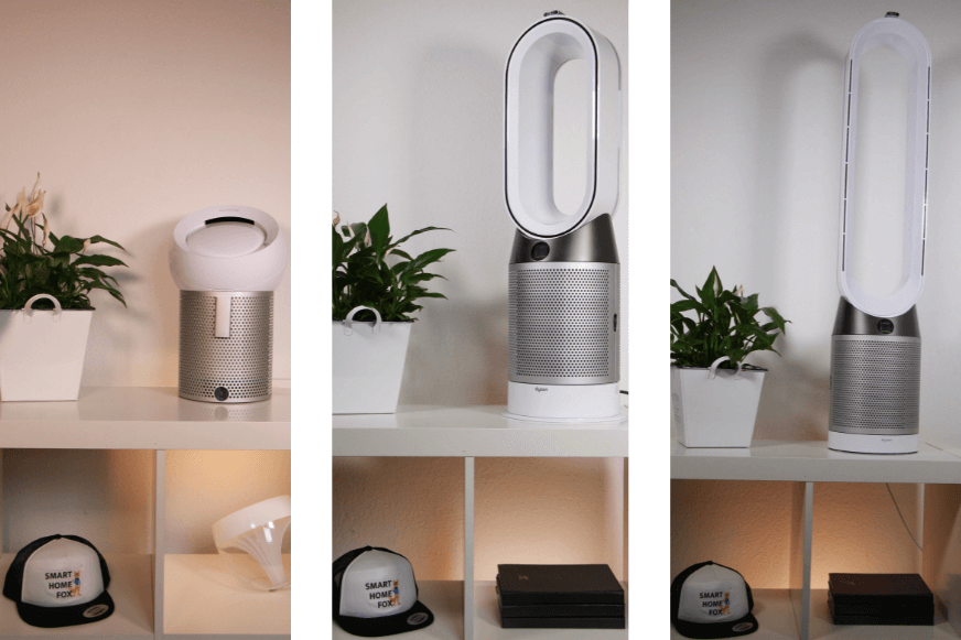 Drei unterschiedliche Dyson Ventilatoren und Luftreiniger stehen nebeneinander im Vergleich